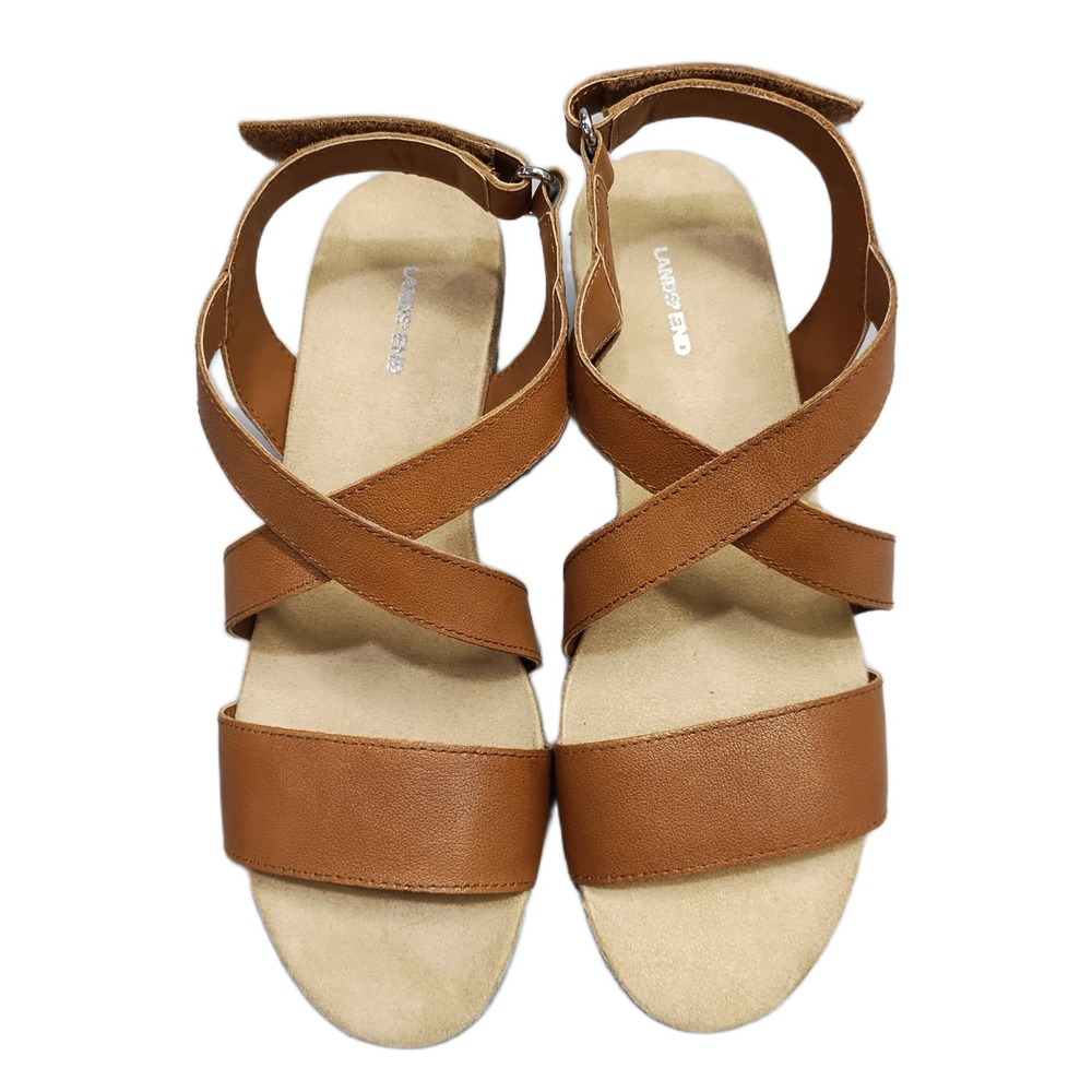 Lands' End Slingback Sandals Womens US Size 9B Brown Wedge Open Toe Hook & Loop